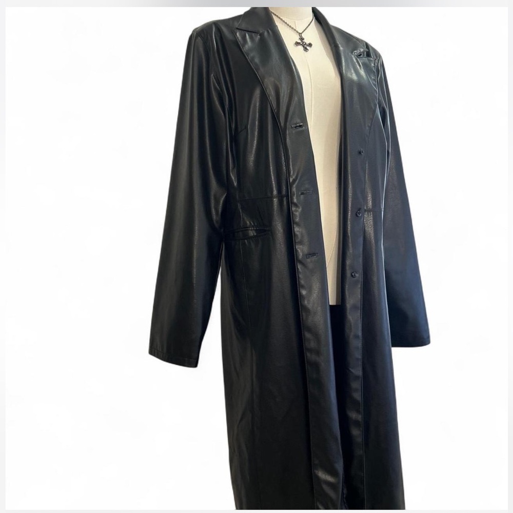 90's Black Faux Leather Long Trench Coat Woman's Large - Picture 1 of 8